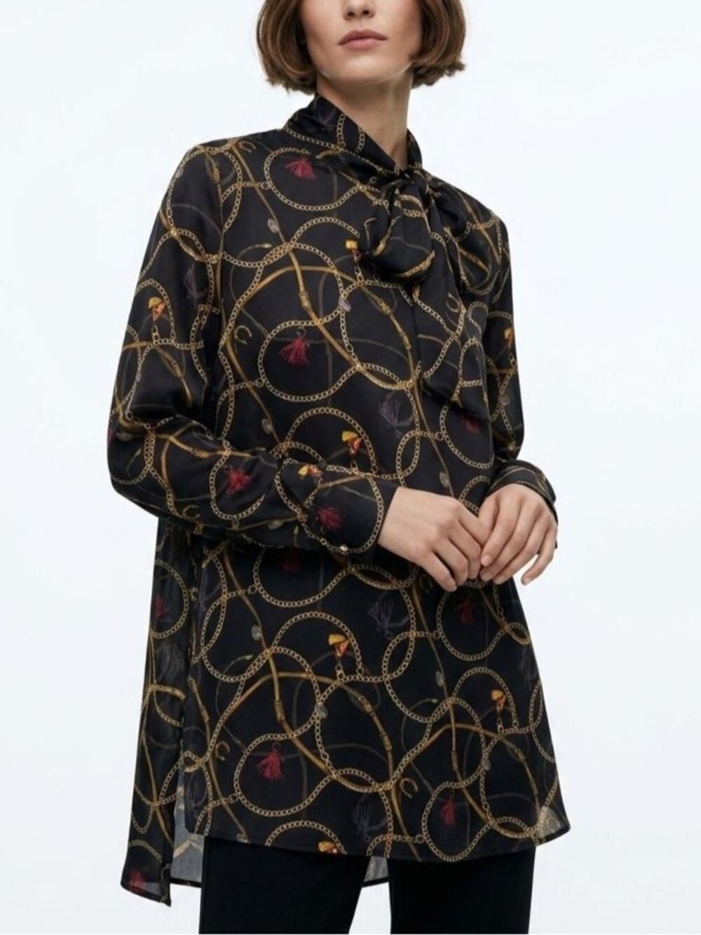 Zara Equestrian Scarf Neck Tunic Top Dress Black Blouse Horse Chain Print Women